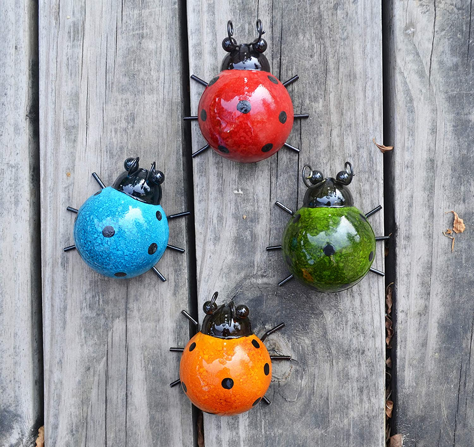 Metal Garden Wall Art Decorative Cute Ladybugs Outdoor Wall Sculptures Set of 4