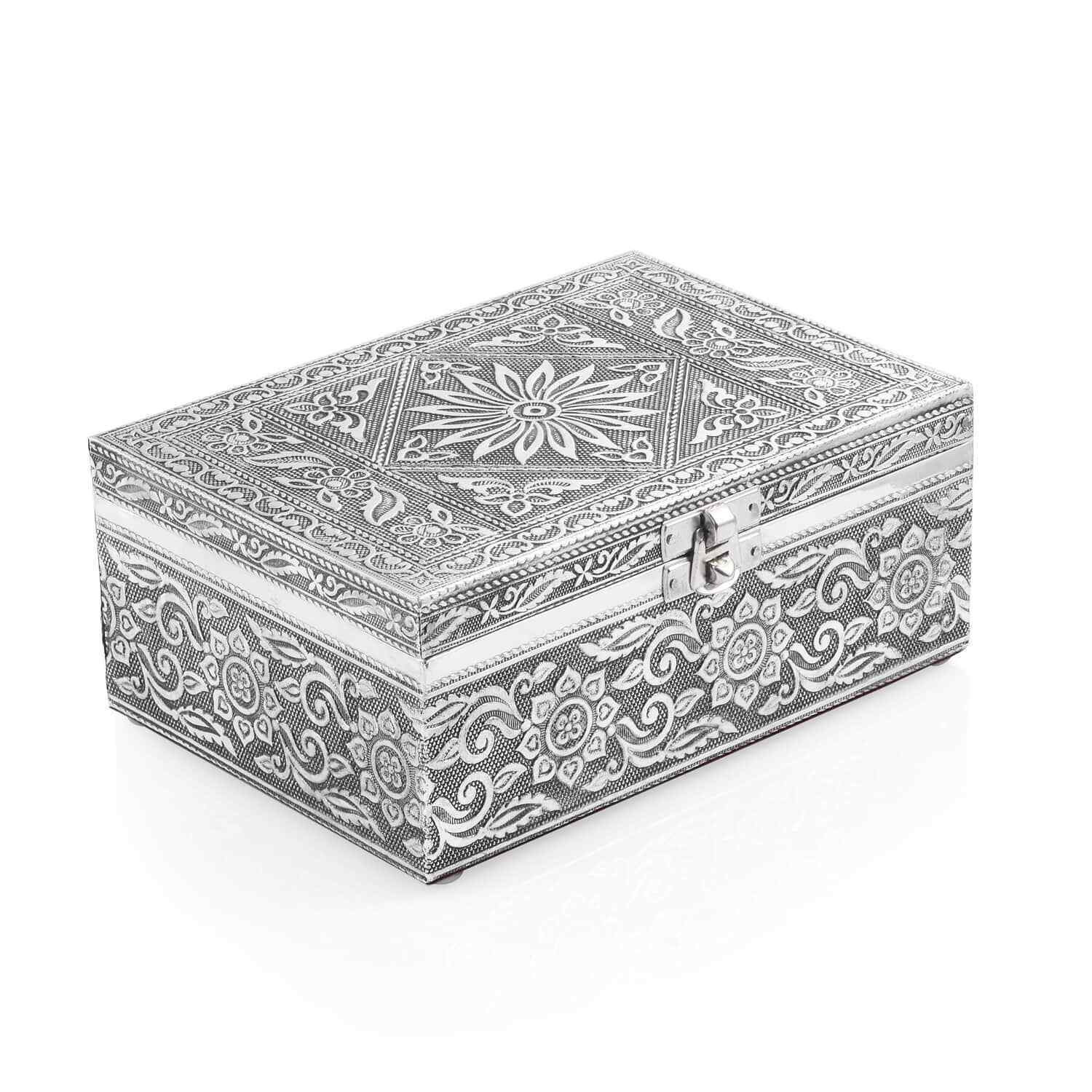 Oxidized Jewelry Box with Tray Flower & Leaf Pattern 7x5"