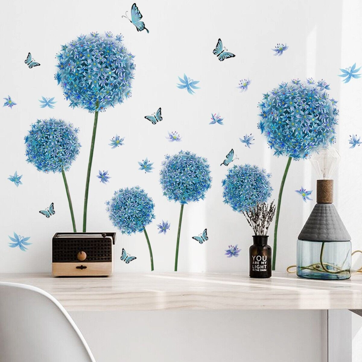 Blue Dandelion Flower Wall Stickers Butterfly Wall Decals Wall Art Wall Stickers