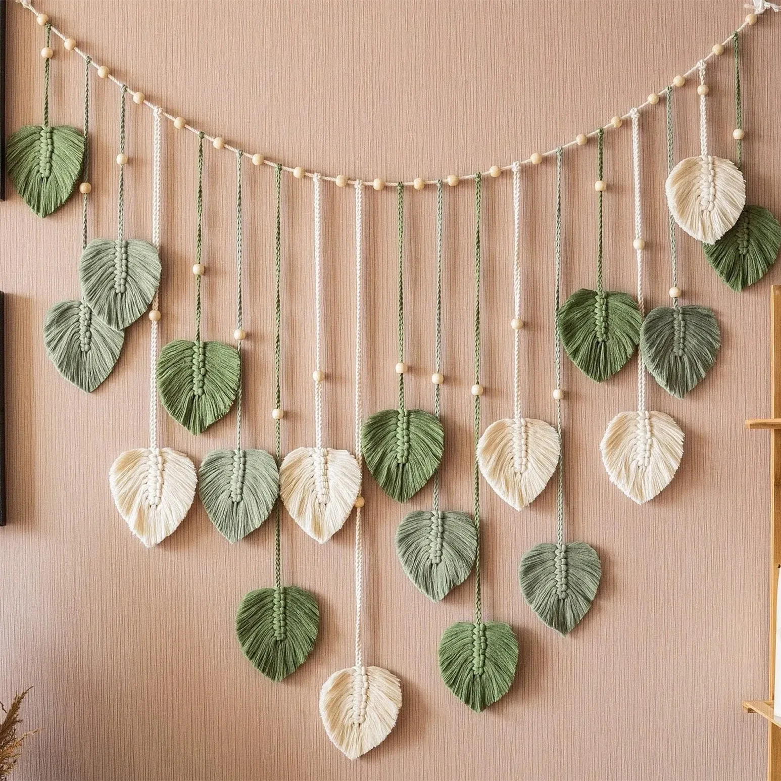 1 Pc Green Leaves Garland, Macrame Wall Art, Above Bed Decor, Boho Home Decor, Mid Century Modern, Living Room Wall Decor