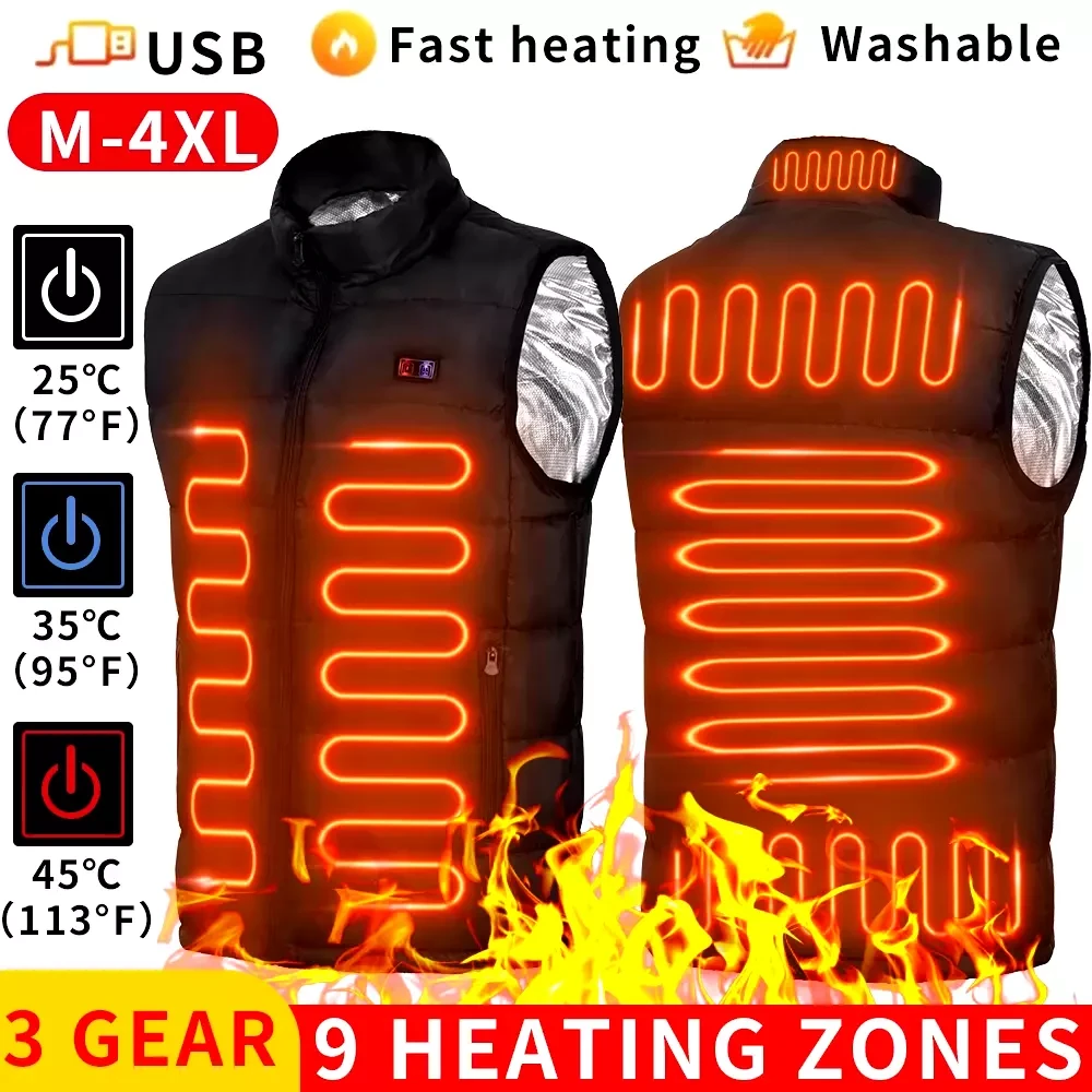 Electric USB Jacket Men Women Heated Vest Warm Winter Coat Thermal Heat Black-M